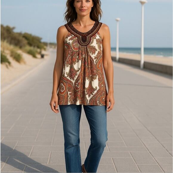 Studio Y Boho Beaded Sequined Sleeveless Blouse Size L - Picture 2 of 10